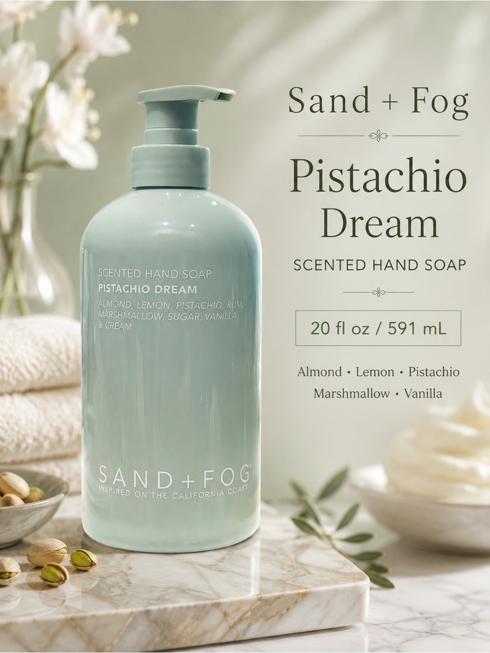 Sand + Fog Pistachio Dream Scented Hand Soap- limited edition, gourmand, aloe